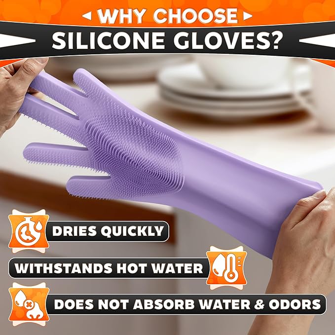 ALPENKOK Silicone Dish Gloves with Scrubbers – Thick Tear-Resistant Dishwashing Gloves – Long-Lasting | Household Use