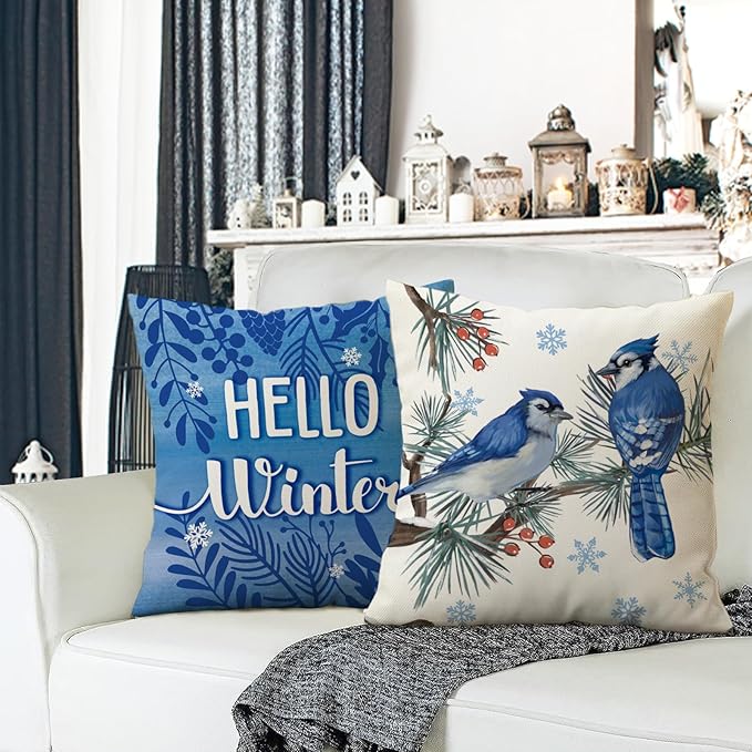 Fahrendom Hello Winter Bluebird Decorative Throw Pillow Covers 18x18 Set of 4, Let It Snow Blue Jay Branch Porch Patio Outdoor Pillowcase, Christmas Pine Needle Red Berry Sofa Cushion Case Home Decor