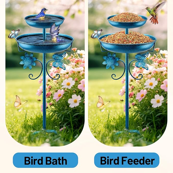 Daoeny Bird Bath for Outside, 42In Vintage Freestanding Birdbaths for Outdoors, Double Metal Bird Bath Feeder Bowls for Garden Patio Yard Lawn Decor, Upgraded 5-Pronged Base (Blue)