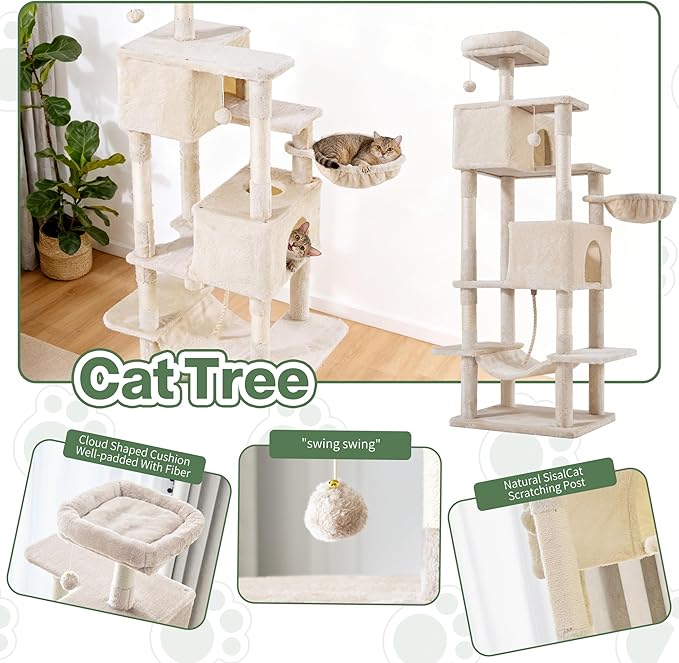 Cat Tree for Indoor Cats, 66 Inches Cat Tower with Scratching Post, Multi-Level Climbing Tree Cat House Padded Plush Perch, Cat Condo Activity Center with Pompoms, Kittens Pet Play House, Beige