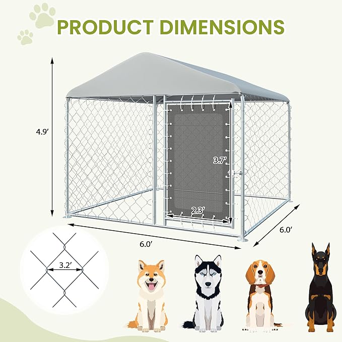 6FT x 6FT Outdoor Dog Kennel with Roof, Outside Dog Run Fence, Large Dog House Pen Enclosure with Secure Lock&Textilene Door