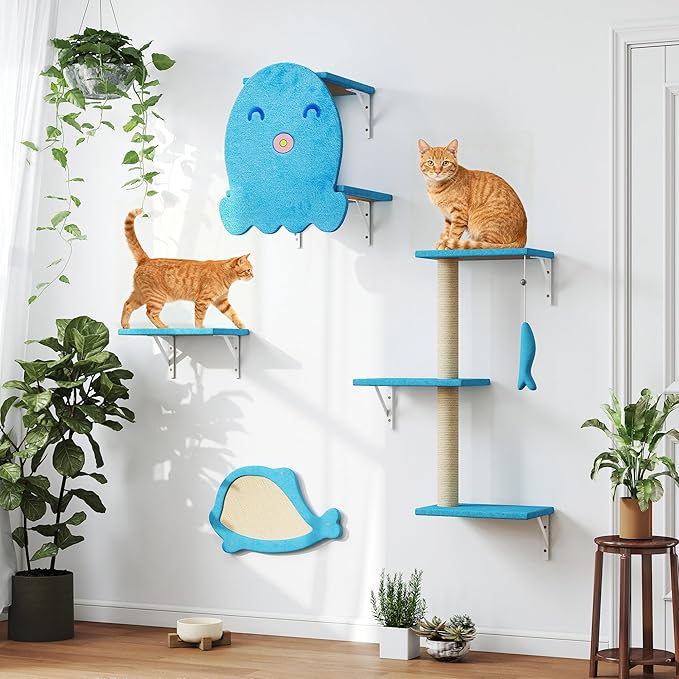 COZIWOW 4-Piece Wall-Mounted Cat Tree Set – Sturdy Wood Pet House, Scratching Board, Platforms, Sisal Posts & Blue Fish Charm – Ocean Blue