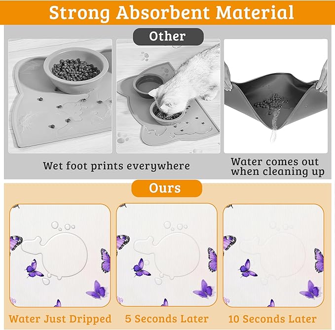 Pet Feeding Mat,Lavender Butterfly Absorbent Dog Cat Food Mat Purple Dog Mat with Rubber Backing,Non-Slip Water Bowl Placemat,Pet Supplies 16" x 24"