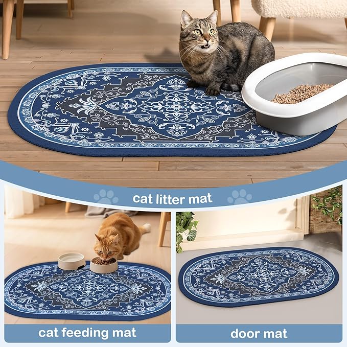 Bienbee Cat Litter Mat, 33" x 22" Large Size Litter Box Mat Rug with Non-Slip Bottom,Urine and Water Proof, Easy to Clean Cat Supplies Essentials for Indoor Kitty Kitten Floor,Navy Geometric L