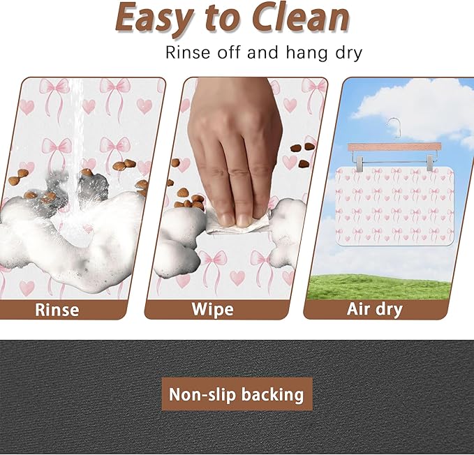 Cute Pink Bow Dog Food Mat for Floors,Heart Absorbent Pet Food and Water Bowl Mats,Non-Slip Pet Feeding Mat,Pet Supplies 16" x 24"