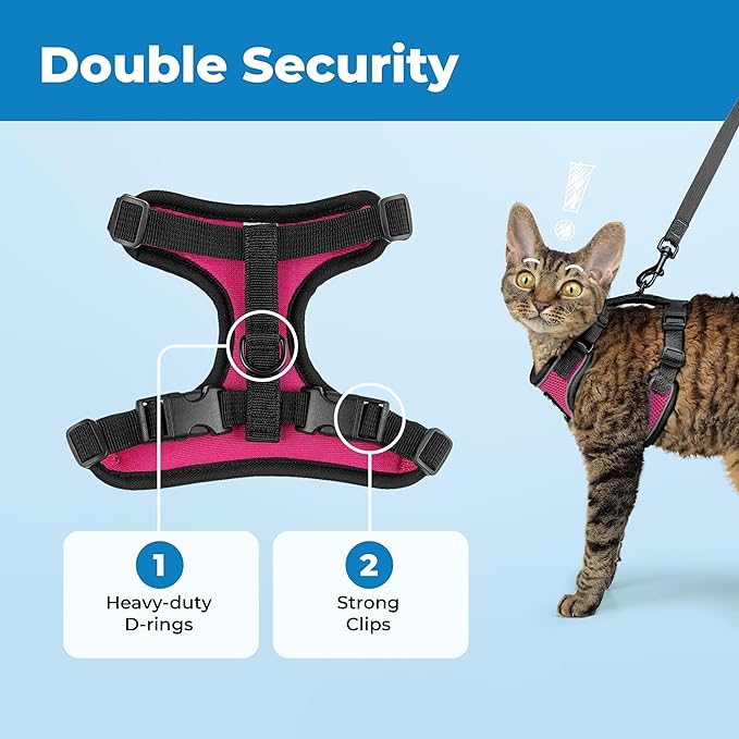 Voyager Escape-Proof Step-in Lock Cat Harness & 5ft Neoprene-Handle Leash Set All-Weather Mesh with Reflective Stitching for Small to Large Cats by Best Pet Supplies, Black Trim-Fuchsia (327), XXS