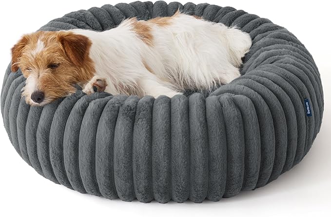 Bedsure ComfyFleece™ Donut Small Dog Bed - Dog Beds for Small Dogs with Corduroy Fleece & Anti Slip Bottom, Round Faux Fur Pet Beds with Washable Removable Cover, Warm Grey, 27x27x8 inches