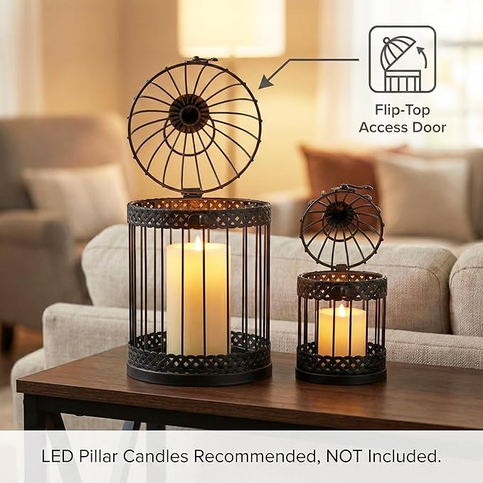 VELA LANTERNS Bird Cage Decor Candle Holder Lantern Decorative Table Centerpiece Halloween Decorations, 10" and 6" Tall, Black, Set of 2
