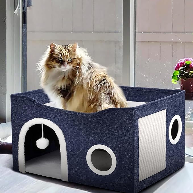 Heeyoo Cat House for Indoor Cats - Large Cat Bed Cave with Fluffy Ball and Scratch Pad, Foldable Cats Houses & Condos, Cat Hideaway, Covered Kitty Bed for Multi Small Large Kitty, 23.8x15.9x13.2 Inch