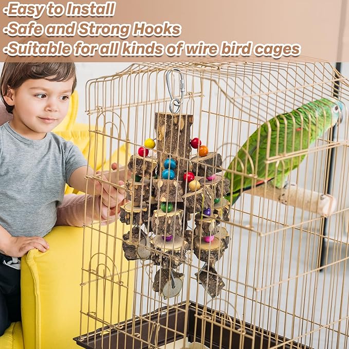PINVNBY Wood Parrot Toys for Large Birds, Wire Link Durable Macaw Toys Extra Large Natural Wooden Blocks Chew Toy for African Grey Macaws Cockatiels Eclectus