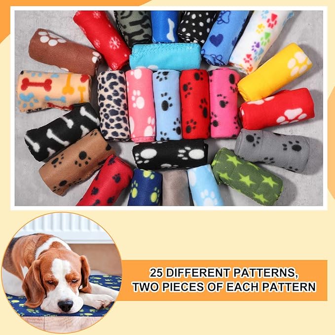 Preboun 50 Pack Puppy Blanket Bulk 24 x 28 Inch Small Soft Fleece Pets Paw Print Blanket Sleep Mat Pad Bed Cover for Kitten Dogs Cats and Other Small Animals, 25 Styles