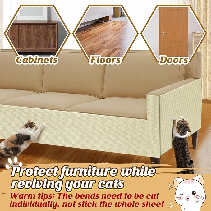 39.3''x14.6'' Trimmable Cat Scratch Furniture Protector - Climbing Self-Adhesive Cat Scratching Pad Mat, Couch Protector from Claws for Scratch Post Cat Tree Shelves Wall, Beige