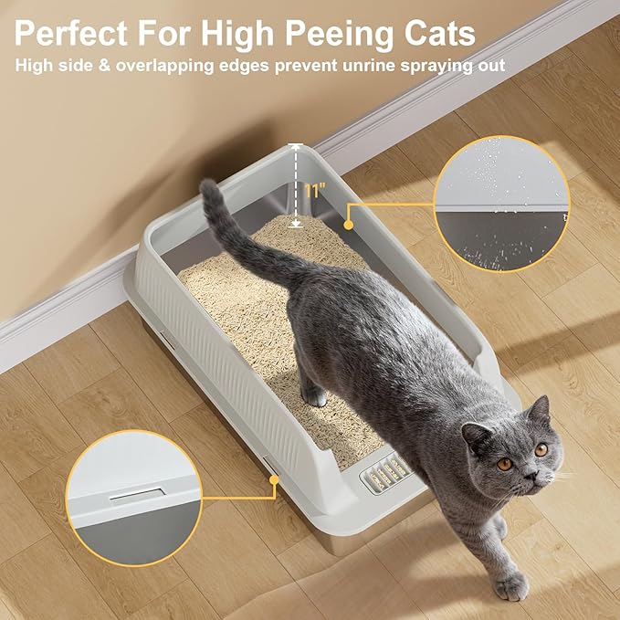 TENTIZON 2 Pack Large Stainless Steel Cat Litter Boxes, Open Top Metal Kitty Litter Tray with High Sides, Litter Mat, Scoop for Indoor Cats, Kitten,Big Cats, No Odor, No Mess, Leak Proof, Easy Clean