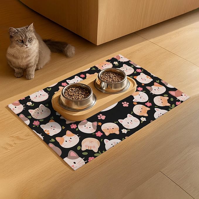 Cat Feeding Mat 24x16 inch Black Kitten Print Pet Bowl Placemat Non Slip Floor Mat for Food and Water Indoor Kitty Feeding Station Cute Meal Pad for Small Pets Kitchen Use