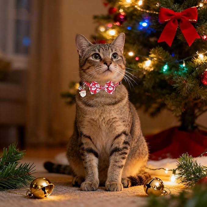 ADOGGYGO Christmas Cat Collar with Bowtie Bell, Removable Kitten Bow, 2 Pack Red Green Santa Snowman Christmas Collars for Cat Kitten