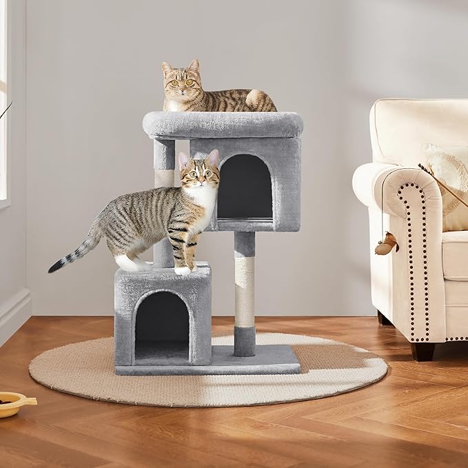 Yaheetech 33.5in Cat Tree Tower for Indoor Cats w/2 Cozy Plush Condos, Oversized Perch & Sisal Scratching Posts, Stable Cat Stand House for Large Cats & Pets, Light Gray