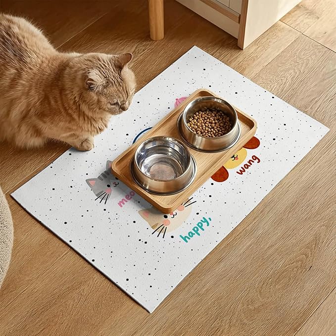 Pet Feeding Mat 24x16 inch Cat and Dog Print Meal Pad Non Slip Floor Mat for Food and Water Indoor Feeding Station Cute Pet Bowl Placemat for Small Cats and Dogs Kitchen Use