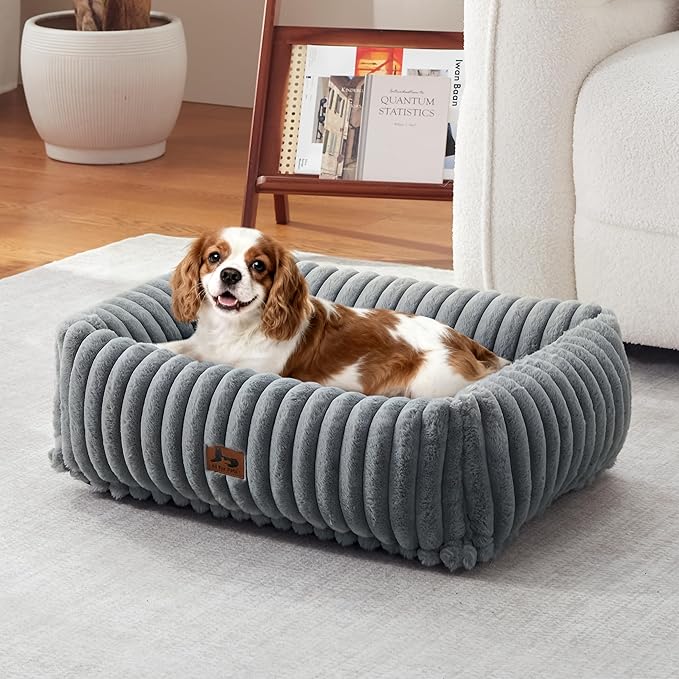 Washable Dog Bed for Small Medium Dogs - Rectangle Orthopedic Corduroy Fleece Pet Bed with Removable Cover and Nonskid Bottom, Calming Puppy Bed Soft Pet Sofa, Grey(25x21x7inchs)