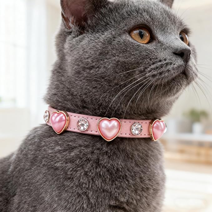EXPAWLORER Valentine's Day Leather Cat Collar for Girl Boy- Adjustable Pet Collar with Safety Elastic Belt,Personalized Rhinestone Accessories Buckle Collars with Bell & Durable D-Ring,Heart (Pink)