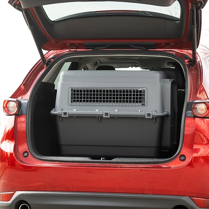 SportPet Airline Compliant X-LARGE 32.25" Travel Dog Kennel-Durable Plastic Airline Pet Carrier w/Removable Wheels & Food Bowls, Collapsible Indoor/Outdoor Dog Kennel, Dogs up to 32"L & 23"H-Dark Gray