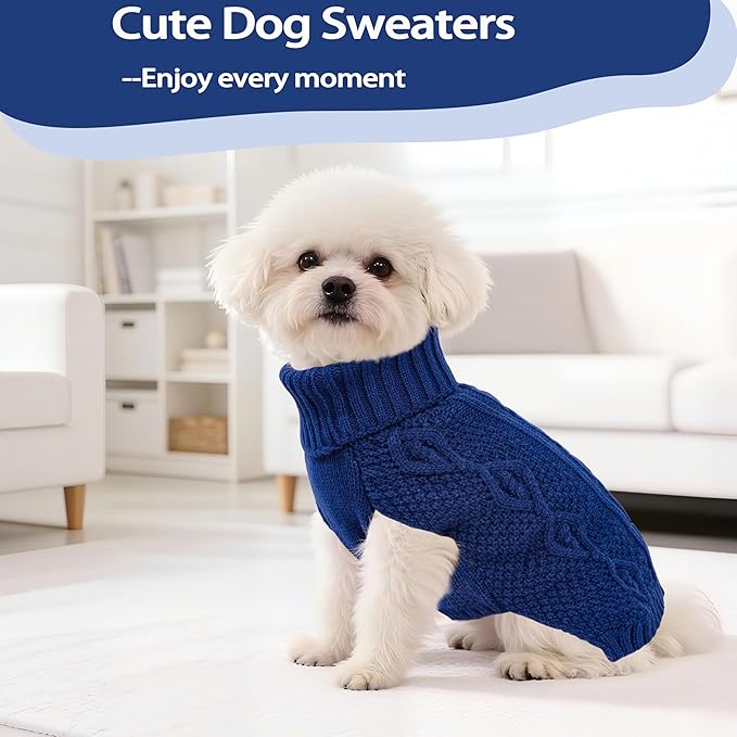 Dog Sweaters Small Dog Clothes Winter Turtleneck Puppy Sweater Warm Pet Cat Sweater Doggy Pullover Outfit with Twisted Design XS~XL(Navy Blue, Medium)