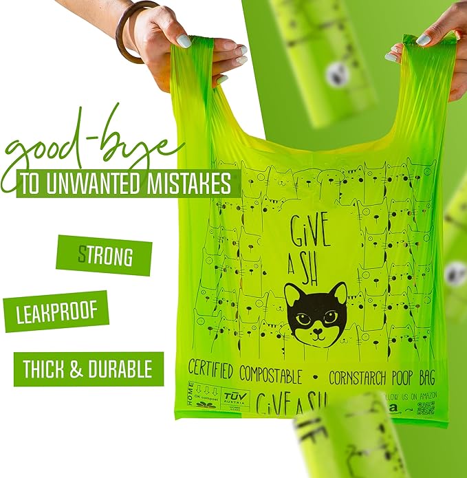 Certified Home Compostable Cat Litter Bags For Poop - 10% to Charity - Cornstarch-Based - For Cleaning Up Litter Trays - NF T51-800 Compliant - 30 Extra Large Disposable Bags