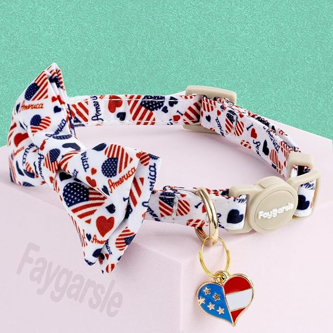 Faygarsle 2 Pack Patriotic Pet Collar Set with Bandana and Bow Tie, American Flag Pattern, White and Navy