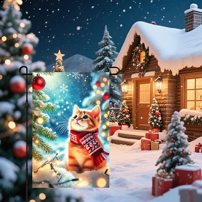 Christmas Garden Flag Winter Flag Cute Kitten Scarf Snow Scene Outdoor Yard Decor 12x18 Inch Double Sided Banner For Front Yard Porch Lawn Patio Seasonal Home Decoration Festive