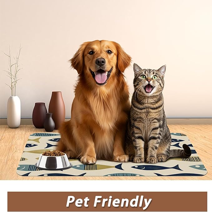 Fish Boho Dog Food Mat for Floors,Ocean Absorbent Quick-Dry Pet Feeding Mat,Cat Dog Bowl Mats for Food and Water,Non-Slip Pet Accessories Supplies 16"x24"
