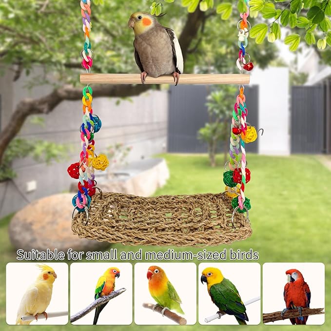 Natural Bird Swing Toys with Wood Perch,Double Layer Bird Seagrass Woven Climbing Hammock with Chewable Perch Stand Chewing Toy for Parakeets,Budgies,Conures,Cockatiels,Lovebirds