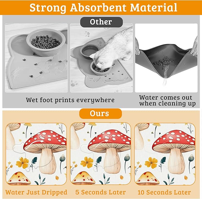 Pet Feeding Mat,Mushroom Absorbent Dog Cat Food Mat Flowers Dog Mat with Rubber Backing,Non-Slip Water Bowl Placemat,Pet Supplies 12" x 20"