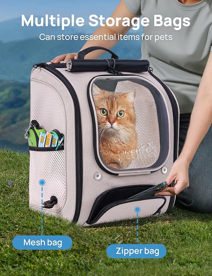 Pecute Cat Backpack Carrier, Large Space Cat Bubble Backpack, Breathable Cat Carrier, Shaded Dog Backpack Carrier, Ergonomic 3D Design for Travel, Hiking, Walk, Suitable for Shopping, Car, Vet, Khaki