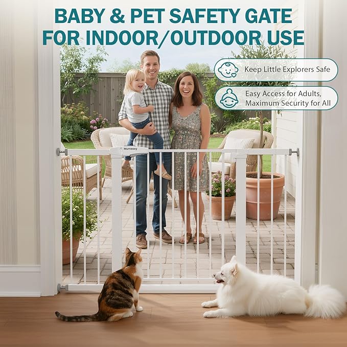 Mumeasy 29.7–48" Baby Gate for Stairs, Dog Gate for Doorways, Auto Close Child Gate, Indoor Safety Pet Gate with Walk Thru Door, Easy Install Pressure Mounted Extra Wide Gate for Kitchen, House,White