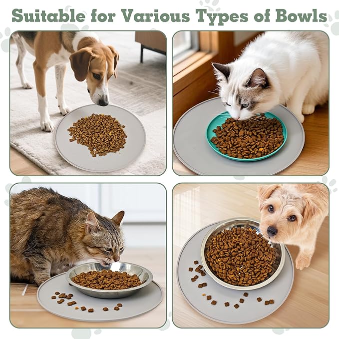 BNOSDM Silicone Cat Feeding Mat 2 Pack Dog Bowl Mats Pet Silicone Food Mat for Food and Water Nonslip Waterproof Feed Mats Round Eating Plate for Small and Medium Cats and Dogs (Light Gray)