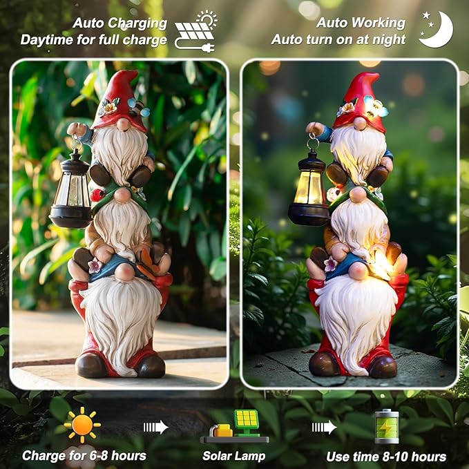 Garden Gnome Statue with Solar Lights Garden Sculptures Funny Triple Gnome Outdoor Patio Lawn Yard Balcony Home Decor Birthday Gift for Woman Grandma 12 in Spring Gnomes