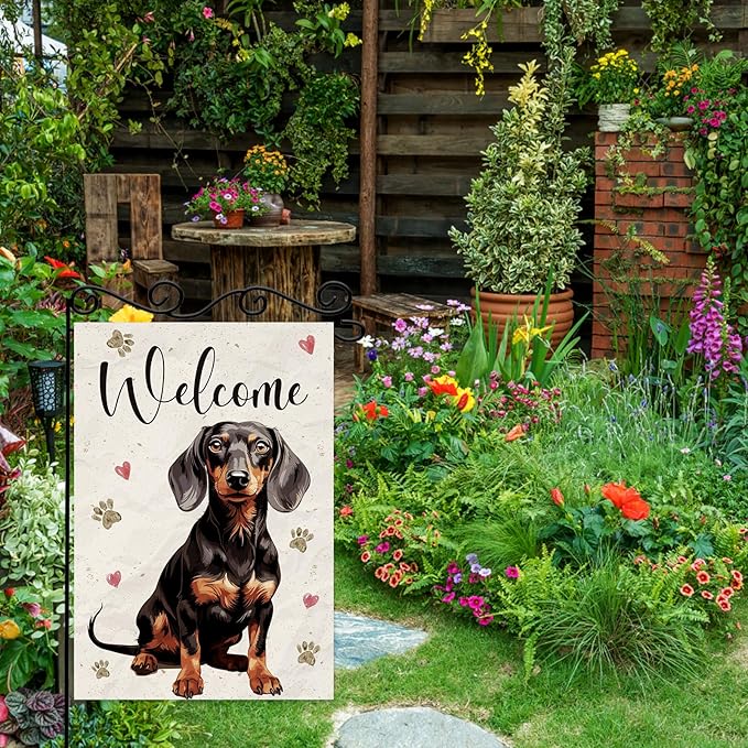 Welcome Dog Summer Garden Flag,Dog Paw Print Garden Flag,Welcome to Cute Dog House Double Sided Outdoor Decor Yard Lawn Home Decoration.12x18 Inch