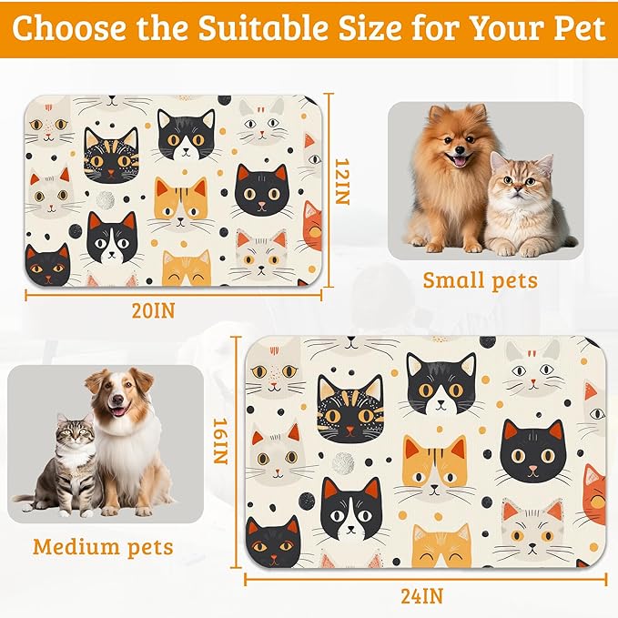 Cats Dog Cat Food Mat,Absorbent Waterproof Placemat for Food and Water Non Slip Rubber Backing Durable Feeding Pad for Clean Floors 16" x 24"