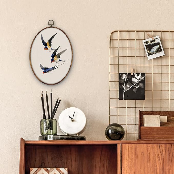 DILSJ Vintage Swallow Bird Oval Wall Art Decor, Rustic Nature Bird Canvas Wall Art Framed, Watercolor Japanese Swallow Hanging Decorations for Home Living Room Bedroom, 11x8.5 Inch