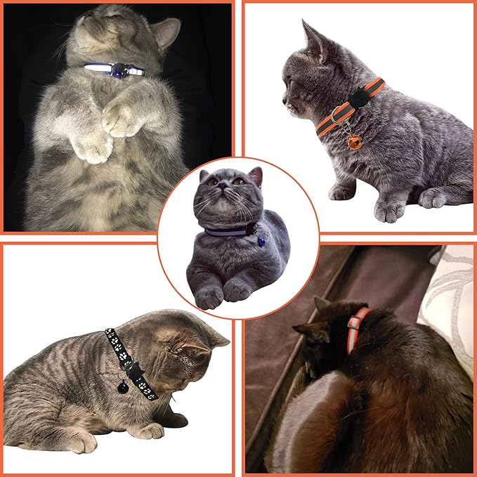 Breakaway Reflective Nylon Cat Collars with Bell (2 Black + 2 Orange)