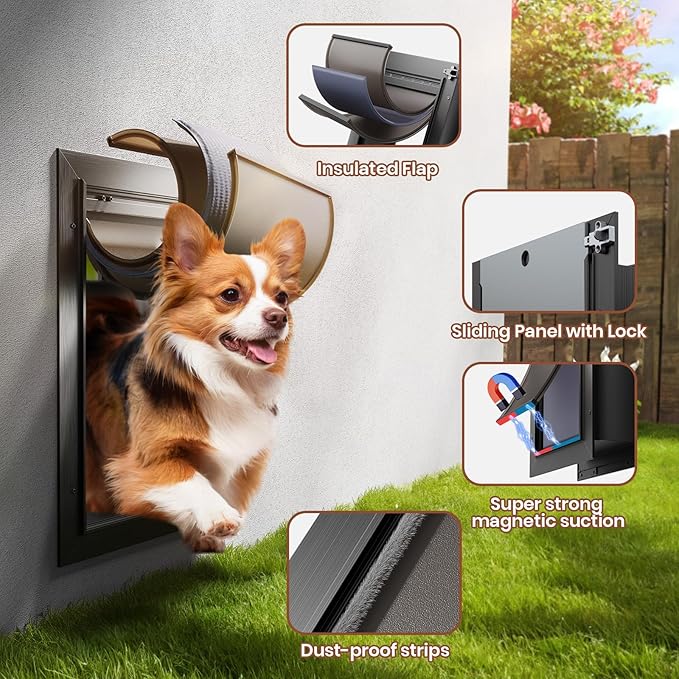 3-Flap Dog Door, All Aluminum Alloy Large Doggy Door Doggie door for Wall, Heavy Duty Pet Door Easy to Install, Energy Efficient, Telescoping Tunnel for Interior & Exterior Wall, Pet Up to 110Lb-Black
