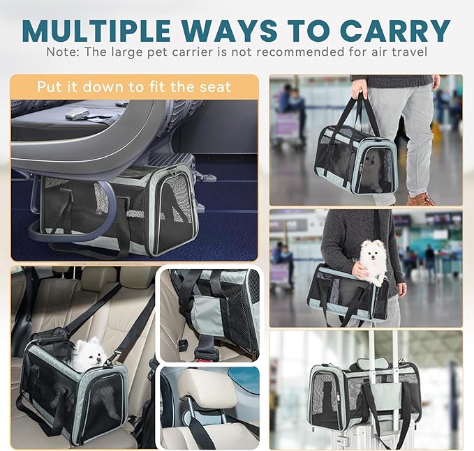 19 x 12 x 12 Large Cat Car Carrier – Roomy Escape-Proof Cat Car Seat for Safe Driving, Lockable Zippers & Safety Tether, Soft-Sided Travel Carrier for Road Trips & Vet Visits