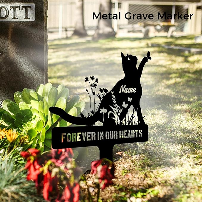 Personalized Cat Memorial Garden Stake – Custom Pet Grave Marker Outdoor, Metal Headstone, Cat Remembrance Plaque, Graveside or Yard Sympathy Sign Decor, Pet Loss Gifts