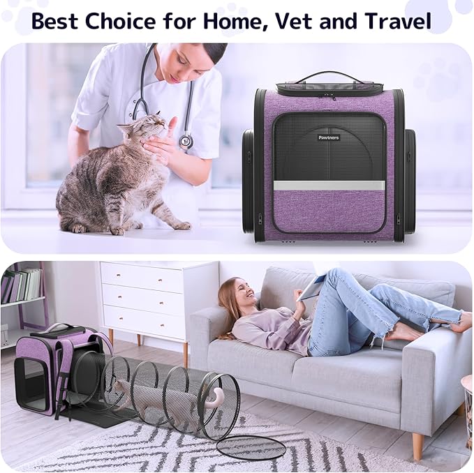 Cat Backpack Carrier with Detachable Play Tunnel, 2 in 1 Cat Tunnel Backpack Suitable for Carrying & Playing, Expandable Dog Carrier for Small Medium Kitten Puppy, Suitable for Travel Hiking Camping