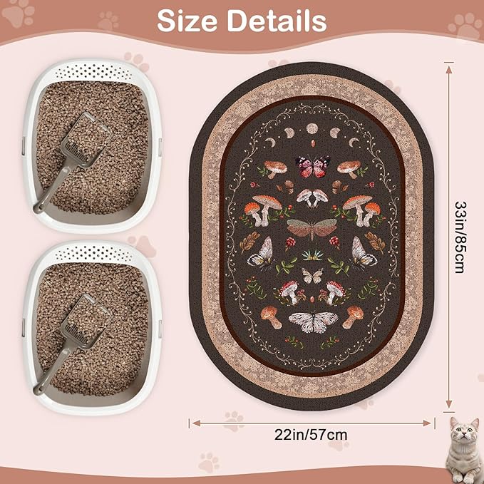 Bienbee Cat Litter Mat, 33" x 22" Large Size Litter Box Mat Rug with Non-Slip Bottom,Urine and Water Proof, Easy to Clean Cat Supplies Essentials for Indoor Kitty Kitten Floor,Brown Mushrooms L