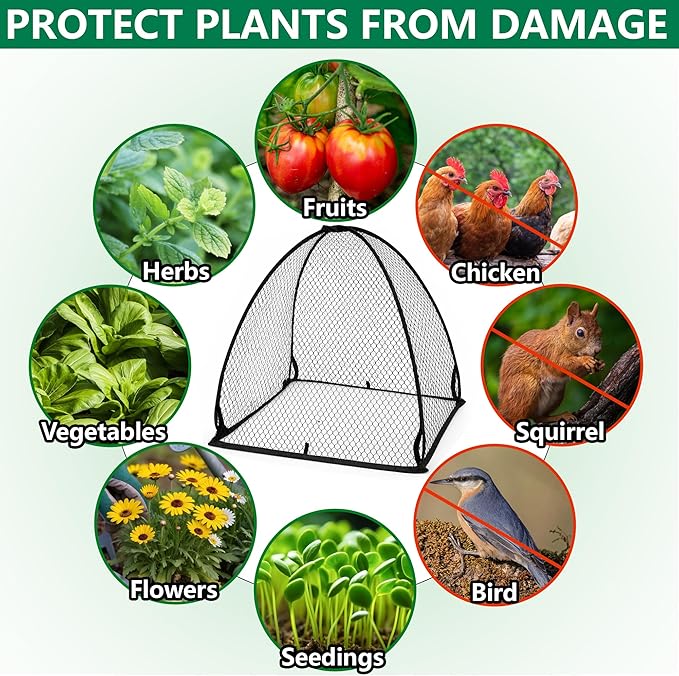 DECOHS 2 Pcs Pop-Up Mesh Plant Cover Tent, 30 x 28 x 28 Inch Garden Net Cage Guard Cover, Plant Protector Enclosure with 12 Ground Stakes for Protecting Plants Vegetable Fruit from Birds Insects