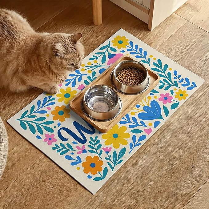 Daisy Flower Pet Food Mat 20" x 12" Welcome Sign Pet Feeding Mat Non Slip Mats for Dog Food and Water Bowls Easy Clean Fast Dry Placemat for Cat Food Mats for Indoor Trendy Pet Accessories
