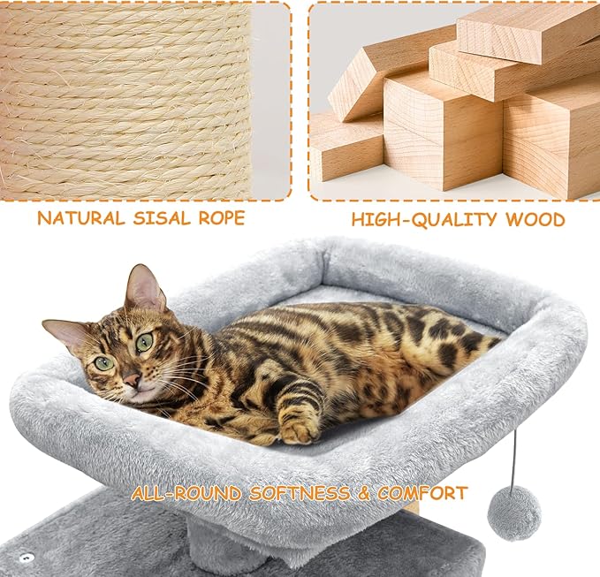 34'' Small Cat Tree with 2 Condos, Sisal Scratching Posts & Board, Multi-Level Climbing Tower for Indoor Cats, Sturdy Light Grey Cat Activity Center - Light Gray