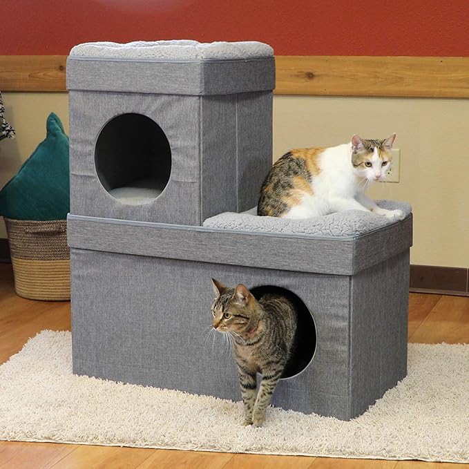 Kitty City Large Stackable Cat Condo & Cube House, Modular Indoor Cat Furniture with Plush Washable Beds, Collapsible Cat Cave & Lounging Ottoman, Grey