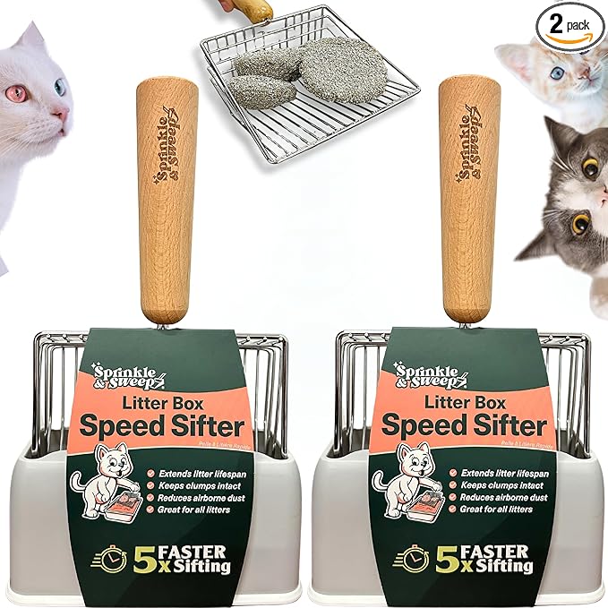 2 PACK Sprinkle & Sweep Metal Cat Litter Scoop - Heavy Duty Litter Scooper & Speed Sifter with Comfortable Beech Wood Grip - Washable Convenient Stand for Easy and Efficient Cleaning