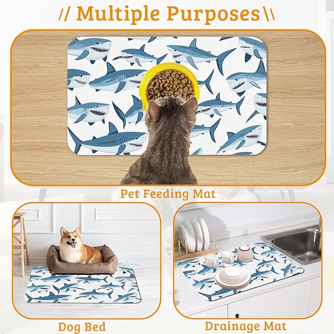 Shark Dog Food Mat,Wild Fish Absorbent Pet Feeding Mat for Food and Water Bowl,Quick Dry Dog Placemat Non Slip Rubber Backing Waterproof Pet Supplies 12" x 20"